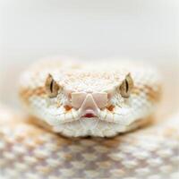 Desert Horned Viper is elegantly coiled featuring distinct horns above its eyes captured on a white backdrop with minimal shadows highlighting its natural beauty. photo