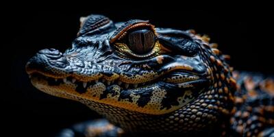 The Dwarf Caiman rests peacefully displaying its rough skin and sharp teeth. The dramatic lighting accentuates its distinctive features making it truly captivating. photo