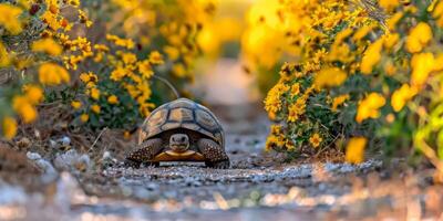 desert tortoise progresses steadily along a path surrounded by colorful yellow flowers showcasing its distinctive domed shell in bright lighting. photo