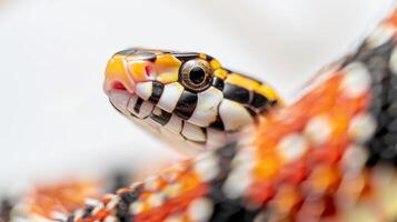 An Eastern Coral Snake moves gracefully with its characteristic red yellow and black bands. The snakes detailed markings are showcased against a bright white backdrop. photo