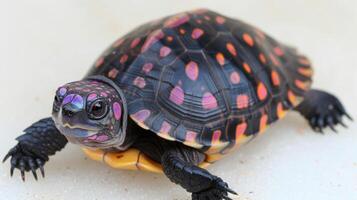Eastern Box Turtle displays vibrant shell markings while remaining stationary against a white backdrop highlighting its unique coloration and features. photo