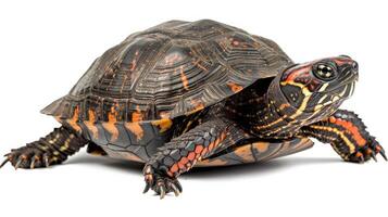 Captured in natural light the Eastern Box Turtle displays its colorful shell patterns while stationary against a smooth white surface highlighting its reptilian beauty. photo