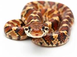Eastern Hognose Snake known for distinct upturned snout lies flat against a white background showcasing its colorful patterns and textures in clear even lighting. photo