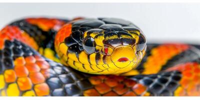 Eastern Coral Snake displays striking red yellow and black bands as it gracefully slithers across a bright white background showcasing its vibrant coloration and form. photo
