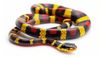 Eastern Coral Snake with vibrant red yellow and black bands moves gracefully across bright white surface highlighting its unique coloration in well lit conditions. photo