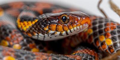 Eastern Coral Snake showcases its striking red yellow and black bands as it gracefully slithers across a bright white surface highlighted by perfect lighting. photo