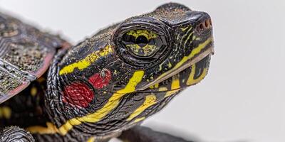 Eastern Painted Turtle stands isolated displaying its intricate patterns and colors with soft shadows cast against a white backdrop. The image captures its natural beauty. photo