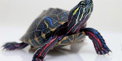 colorful Eastern Painted Turtle stands isolated with striking markings showcasing a mix of vibrant hues. The soft shadows enhance its unique features. photo
