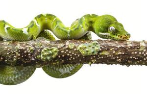 striking Emerald Tree Boa featuring vivid green scales and bold white stripes rests gracefully on a branch. The high key lighting adds emphasis to its natural beauty. photo