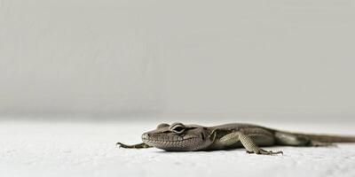 European legless lizard is lying stretched out against a soft white backdrop clearly displaying its elongated body and smooth texture illuminated by gentle lighting. photo