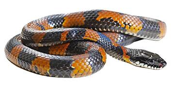 false coral snake moves smoothly across a bright white surface showcasing its vivid colors. The striking patterns mimic those of true coral snakes enhancing its allure. photo