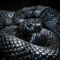 snake displays its distinctive hood in a striking pose against a pure white backdrop highlighting its scales and features under dramatic lighting. photo
