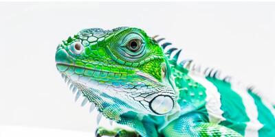 striking Fiji Banded Iguana features bright green skin adorned with white bands creating a captivating visual against a soft white background with subtle shadows. photo