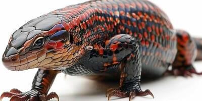 brightly colored Fire Skink moves forward showcasing its striking red and gold scales against a clean white backdrop illuminated softly to enhance its features. photo