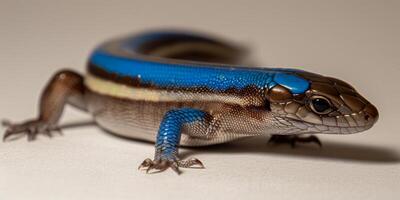 Five lined Skink displays striking appearance as it crawls across a bright white surface highlighting its vibrant blue tail and patterned body under bright light. photo