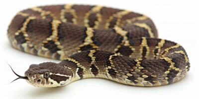Eastern Diamondback Rattlesnake showcases its distinctive diamond patterns and visible rattle while coiled. The sharp focus highlights its scales and features against a clean background. photo