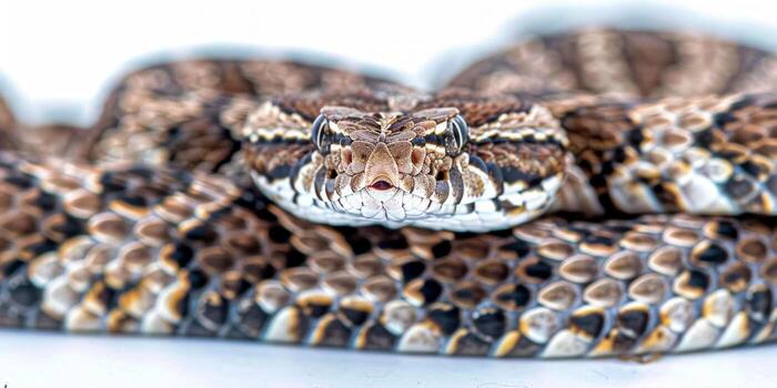 striking Eastern Diamondback Rattlesnake displays its characteristic diamond patterns and a noticeable rattle while coiled up against a white background showcasing its unique features. photo