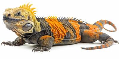 Egyptian Uromastyx rests on a pristine white surface showcasing its unique spiky tail and intricate earthy coloration under even lighting. photo
