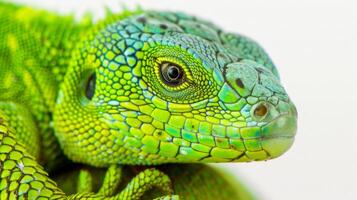 vibrant European Green Lizard displays its striking green scales while perched against a pristine white background showcasing its unique texture and features. photo