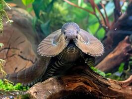 False Water Cobra is displayed with its hood partially expanded while raised showcasing distinct features against a stark white background illuminated by dramatic lighting. photo