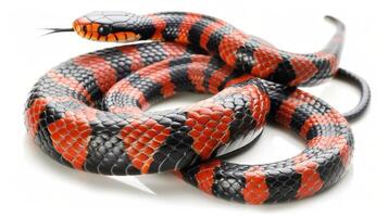 vibrant False Coral Snake glides gracefully across a stark white backdrop showcasing its striking red and black bands in bright studio lighting. photo