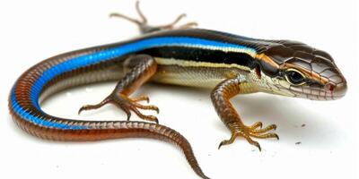 five lined skink explores its surroundings on a bright white background. The skinks striking blue tail contrasts beautifully with its sleek body and vibrant markings. photo