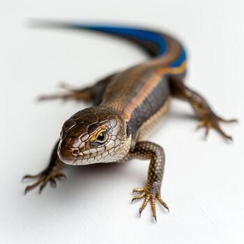 Five lined Skink showcases its striking blue tail while crawling on a clean white surface illuminated by bright lighting that highlights its unique features. photo