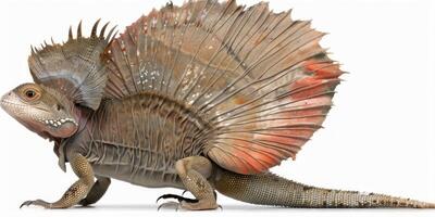 Frilled Dragon displays its impressive frill in an alert stance emphasizing its vibrant colors and textures. It stands isolated against a bright white background. photo