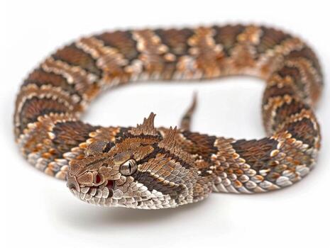striking Gaboon Viper showcases its unique horn like scales and intricate patterns as it coils on clean white background illuminated dramatically from the side. photo