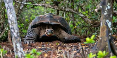 A Galapagos giant tortoise is observed from the side featuring its large shell and distinctive texture while isolated against a white backdrop highlighting its natural beauty. photo