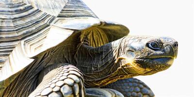 A Galapagos Giant Tortoise exhibits its unique features while gazing to the side. The soft shadows enhance its textured shell and exquisite details. photo
