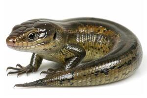 Gidgee Skink displays its spiky scales in a well lit setting highlighting its physical characteristics. Striking details emerge as it remains isolated against a pristine backdrop. photo