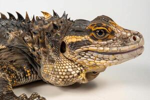 Gidgee skink displaying its textured spiky scales is isolated on a white background allowing viewers to appreciate its intricate patterns and colors. photo