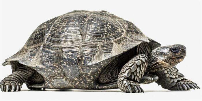 gopher tortoise is moving forward with its rough shell prominently displayed set against a soft white background that highlights its features and natural behavior. photo