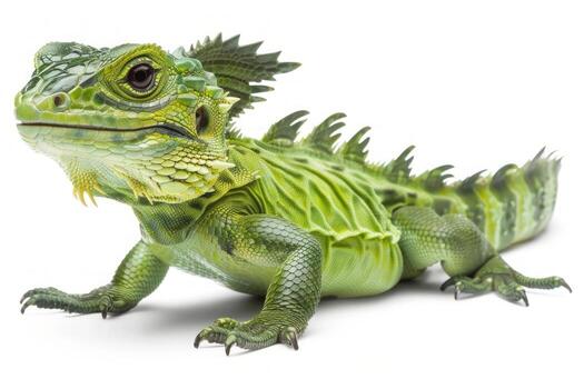 Green Basilisk lizard known Jesus Lizard captured in a high speed moment displaying its remarkable agility and vibrant green hues against a clean white backdrop. photo