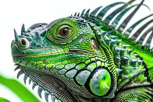 green iguana with its vibrant green scales and prominent spines stands majestically against a pure white backdrop. The lighting emphasizes its detailed textures. photo