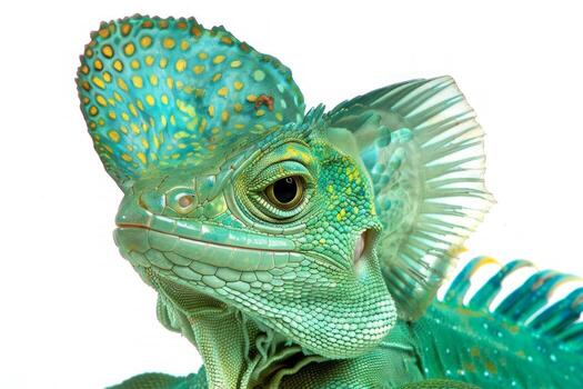 Green Basilisk lizard known as the Jesus Lizard is captured mid motion against a white backdrop highlighting its striking colors and unique features. photo