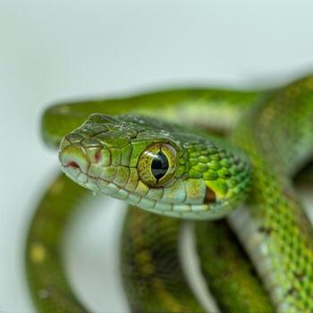 slender Green Vine Snake showcases vivid green coloration emphasizing unique features and elegance while resting on a clean white background perfectly highlighted by soft lighting. photo