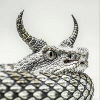 Horned Viper lies motionless displaying its distinct horns above the eyes and textured scales set against a soft white backdrop that highlights its intricate patterns. photo
