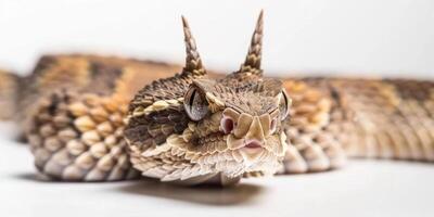 Horned Viper lies motionless against a white backdrop showcasing its unique horned appearance and intricate scale patterns. Soft shadows highlight its features beautifully. photo