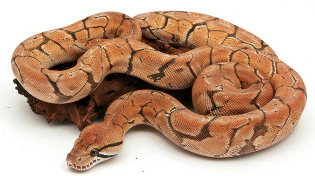 Jamaican Boa exhibits stunning brown and tan patterns while coiled against a smooth white surface illuminated by gentle lighting that highlights its scales and features. photo