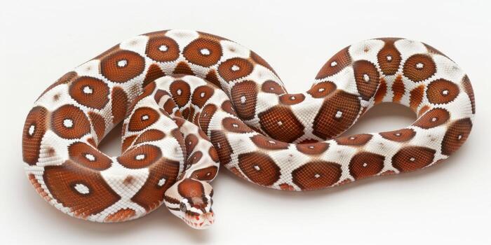 Jamaican Boa exhibits its distinctive brown and tan patterns while coiled gracefully on a smooth white surface highlighting its intricate scales and colors. photo