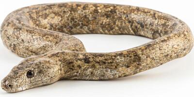Jamaican Boa displays its intricate brown and tan patterns while coiled comfortably. Set against a white background the softness of its form contrasts beautifully with its distinct texture. photo