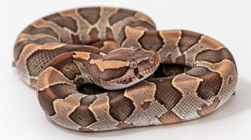 Jamaican Boa is coiled in a graceful posture showcasing its striking brown and tan patterns. The soft white background highlights the vibrant colors and textures of the reptiles scales. photo