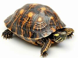 Keeled Box Turtle remains stationary against a white backdrop highlighting its unique raised keel and intricate shell patterns with soft shadows enhancing its features. photo
