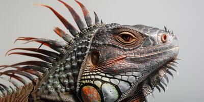 Jamaican Iguana stands alert with rough textured scales prominently displayed on a bright white background. Its striking colors highlight its unique features. photo