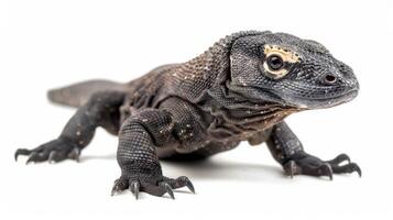 young Komodo Dragon hatchling moves confidently in a bright setting highlighting its distinctive scales and natural curiosity as it explores its surroundings. photo