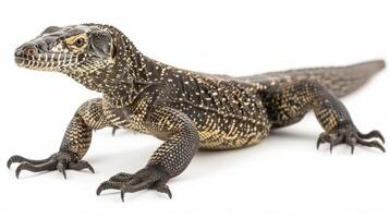 Lace Monitor lizard showcases its distinctive patterned scales while moving forward against a stark white background highlighting its features under controlled studio lighting. photo