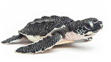 small Leatherback sea turtle hatchling maneuvers across a clean white surface illuminated by bright lighting that highlights its intricate shell pattern and texture. photo