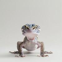 A Leopard Gecko showcasing its vibrant spotted patterns and expressive eyes confidently moves forward on a pristine white backdrop highlighting its unique features. photo